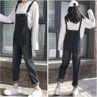 Contrast Stitching Straight-cut Denim Jumper Pants