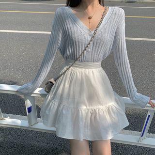 Long-sleeve Knit Cardigan / Ruffle Trim Skirt