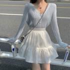 Long-sleeve Knit Cardigan / Ruffle Trim Skirt