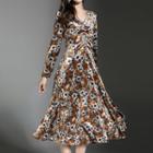 Long-sleeve Floral Print Velvet A-line Midi Dress