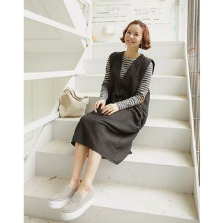 Deep V-neck Shirred Midi Pinafore Dress