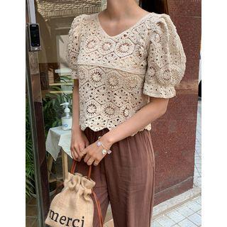 Puff-sleeve Crochet-knit Crop Top Beige - One Size