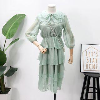 Layered Mesh-collar A-line Dress Green - One Size