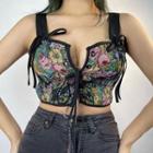Tie-front Floral Embroidered V-neck Crop Tank Top