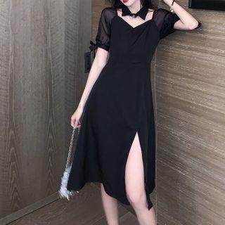 Puff-sleeve Choker-neck Midi A-line Dress
