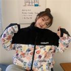 Color-block Printed Padded Jacket Black - One Size