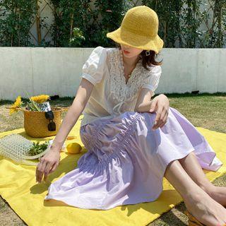 Plain Ruffle Trim Short-sleeve V-neck Blouse