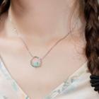 Rhinestone Alloy Leaf Pendant Necklace 1pc - Silver & Aqua Green - One Size
