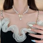 Faux Pearl Ribbon Necklace White & Gold - One Size