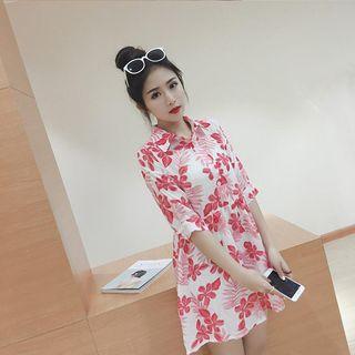 Floral Print 3/4-sleeve Shirt Dress