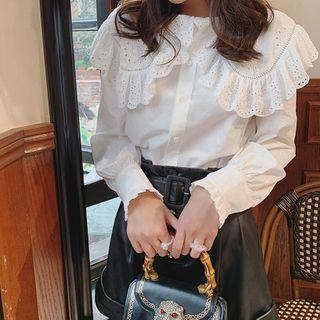 Long-sleeve Eyelet Lace Frill Trim Blouse