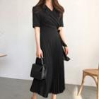 Notched-lapel Wrap-front Pleated-hem Dress