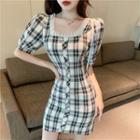 Plaid Puff-sleeve Faux-pearl Dress