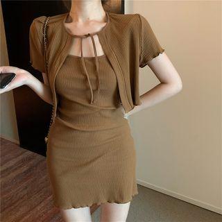 Set: Short-sleeve Jacket + Spaghetti Strap Mini Sheath Dress