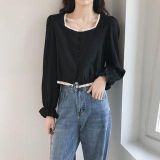 Contrast Trim Bell-sleeve Blouse Black - One Size