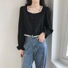 Contrast Trim Bell-sleeve Blouse Black - One Size