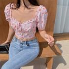 Floral Puff-sleeve Tie-neck Cropped Blouse As Shown In Figure - One Size