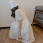 Puff-sleeve Tie Back Embroidered Lace Panel Dress