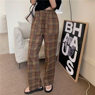 Plaid Straight-leg Pants Coffee - One Size