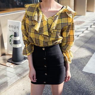 Ruffle-collar Check Top