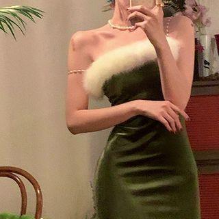 Spaghetti Strap Fluffy Trim Midi Sheath Dress