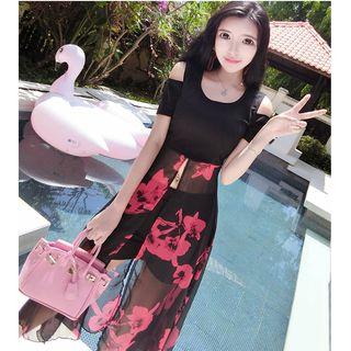 Set: Floral Print Cold Shoulder Short-sleeve Slit Dress + Shorts