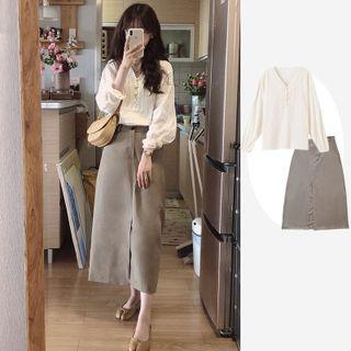 Long-sleeve Lace Trim Blouse / Midi A-line Skirt / Set