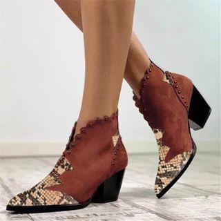 Block Heel Pointed Embellished Short Boots