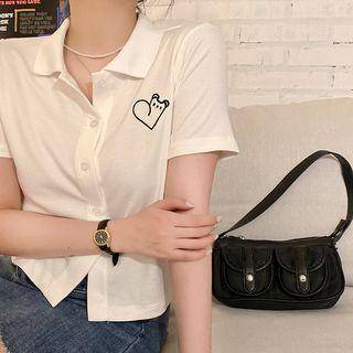 Short-sleeve Embroidered Collar Button-up Top