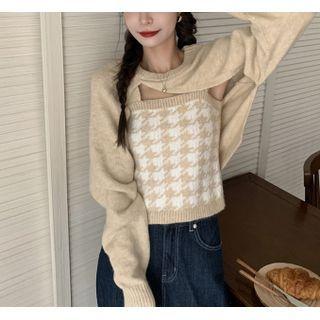 Set: Houndstooth Knit Tank Top + Asymmetrical Cropped Sweater