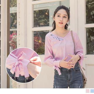 Tie-cuff V-neck Embroidered Top
