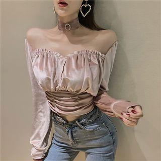 Mesh Panel Long-sleeve Cropped Velvet Top