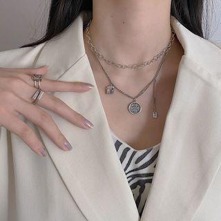 Lettering Disc Layered Necklace Xl0896 - Silver - One Size