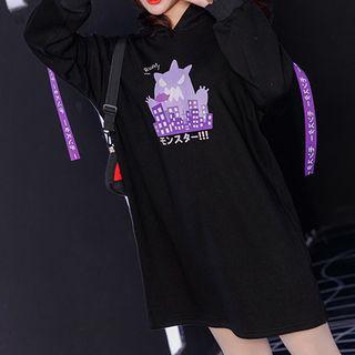 Monster Print Cut-out Sleeve Fleece-lined Hooded Dress