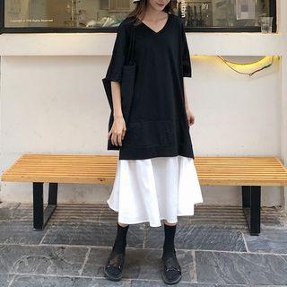 Mock Two-piece Elbow-sleeve V-neck Midi A-line Dress