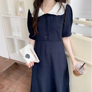 Short-sleeve Ruffle Collar Midi A-line Dress