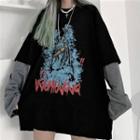 Mock Two-piece Long-sleeve Printed T-shirt Black & Gray - One Size
