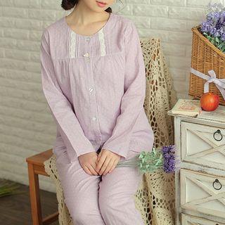 Loungewear Set: Dotted Lace Trim Long-sleeve Top + Pants