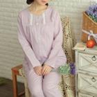 Loungewear Set: Dotted Lace Trim Long-sleeve Top + Pants