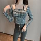 Cutout Shoulder Gingham Cropped Top As The Picture Shows - One Size
