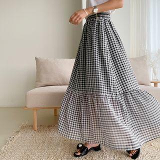 Ruffled Checked Maxi Full Skirt Black - One Size