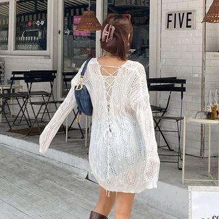 Lace-up Perforated Longline Knit Top