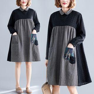 Peter Pan Collar Plaid Panel Long-sleeve Dress