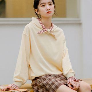 Mock Two-piece Tie-neck Hoodie Khaki - One Size