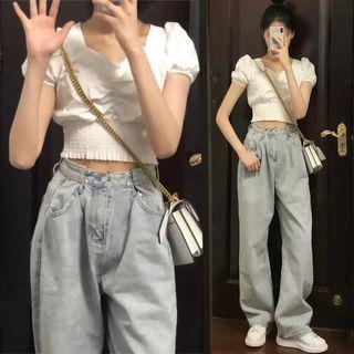 Balloon-sleeve Cropped Blouse / Washed Wide Leg Jeans