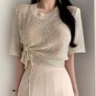Elbow-sleeve Drawstring Glitter Knit Top