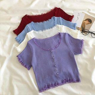 Plain Crewneck Lace-trim Short-sleeve Knit Top
