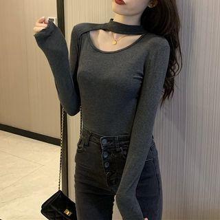 Long Sleeve Choker-neck Plain Top
