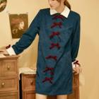 Contrast Collar Bow Corduroy Mini A-line Dress