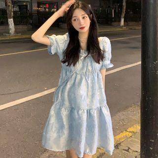 Puff-sleeve Square Neck Mini A-line Dress Blue - One Size